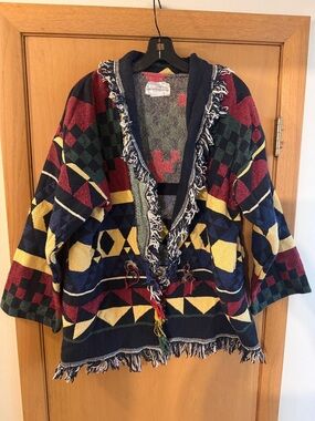E Clair Designs Southwestern Aztec Western fringe Jacket Red Yellow One Size OS
